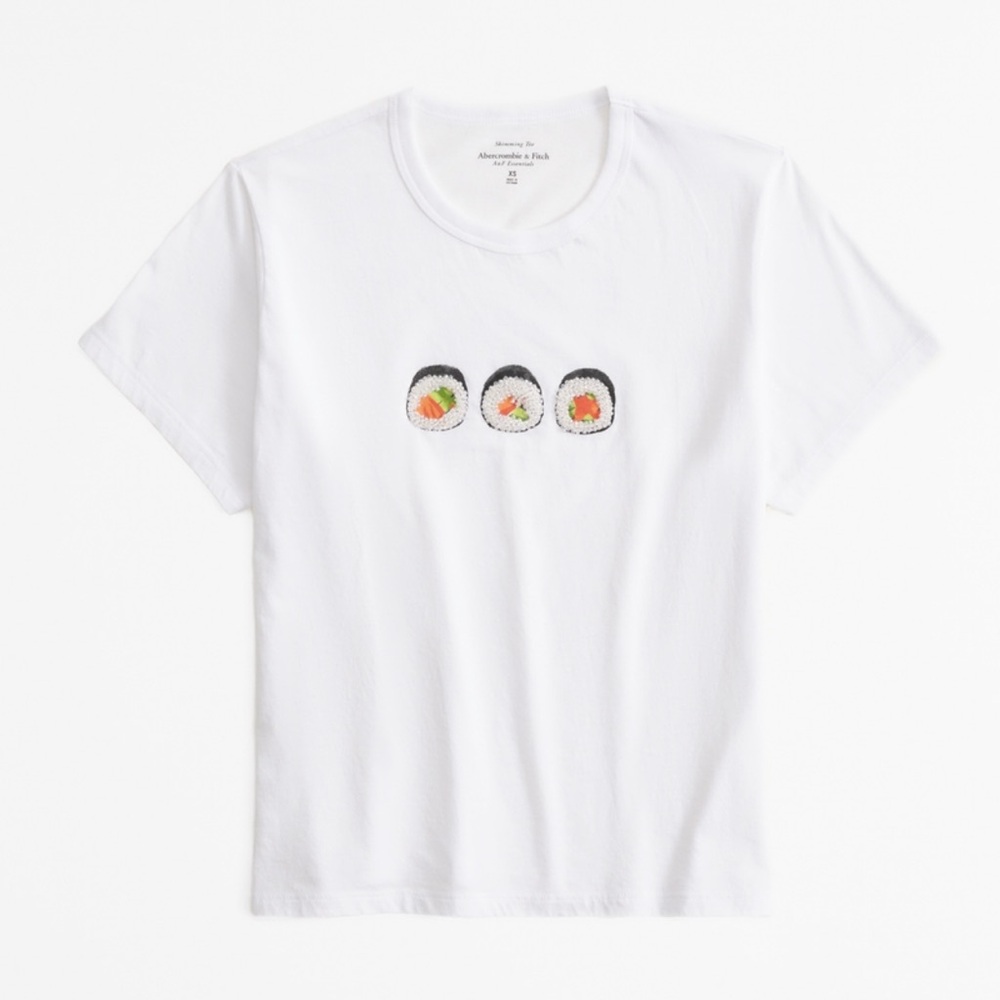 Abercrombie & Fitch Sushi Graphic Baby Tee White XS Y2K Slim Crop Top